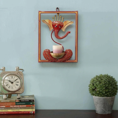 MULTICOLOUR IRON PAINTED WALL GANESH TEA LIGHT  FRAME
